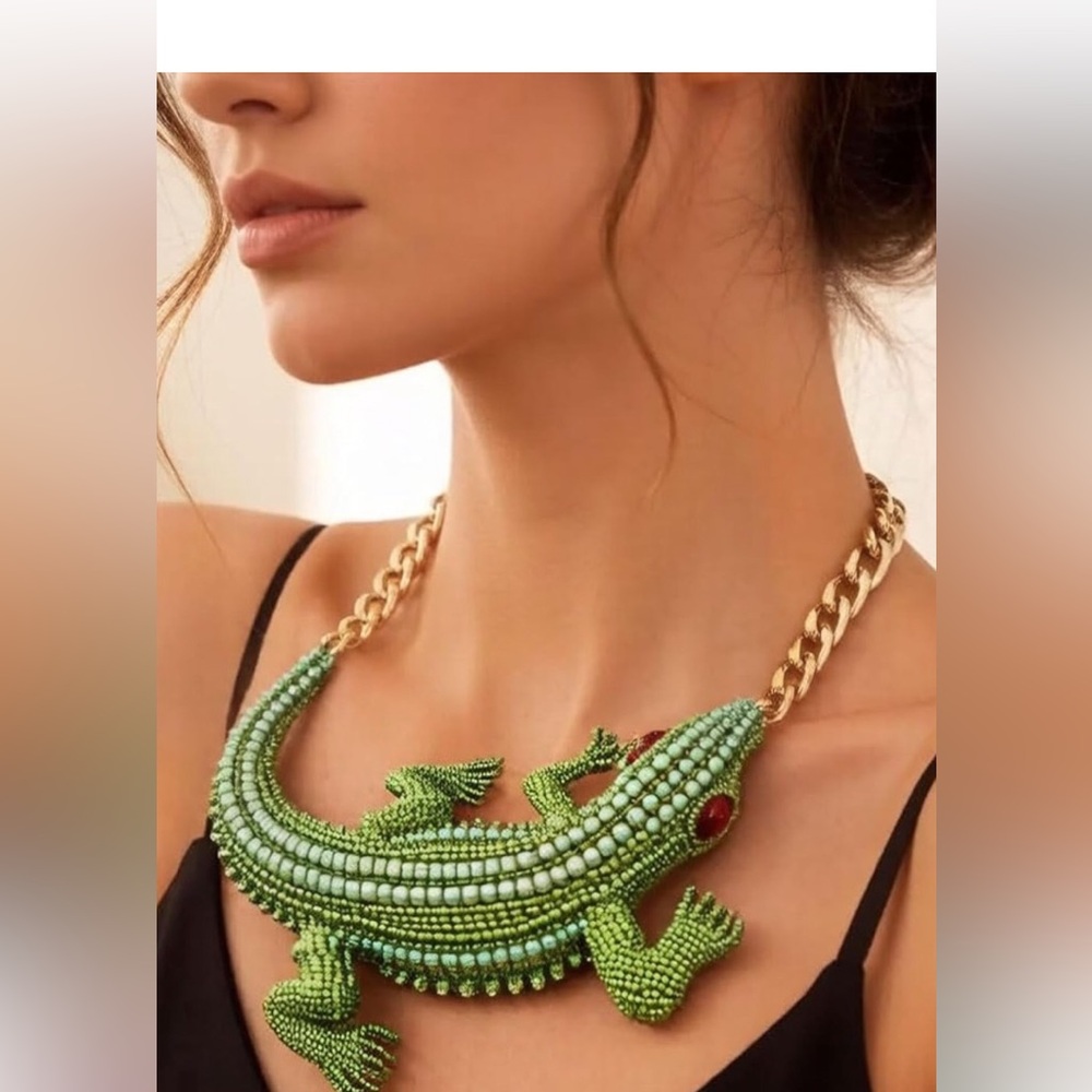 Statement Crystal Crocodile Necklace Green Rhinestone Bib Choker 24k Gold Plated